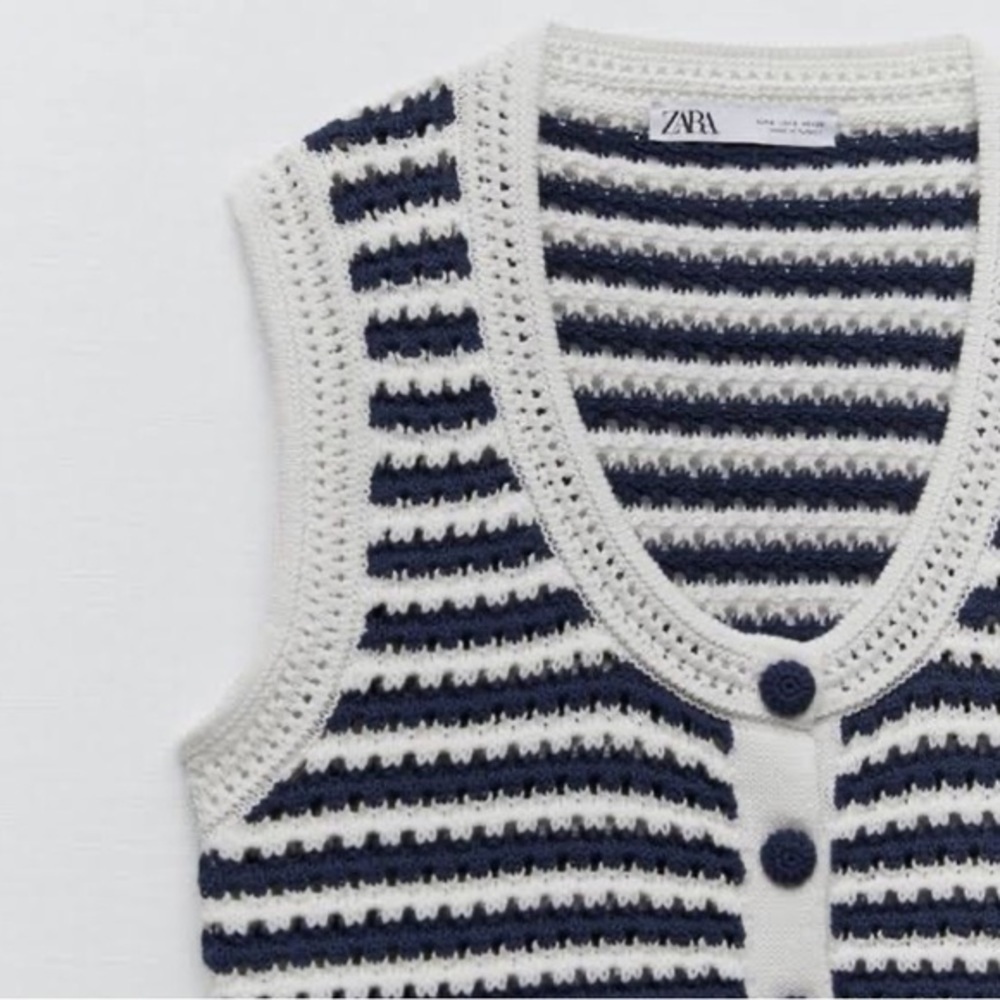 Zara Boho Striped Knit Crochet Coastal Grandma Nautical Cropped Cottagecore Vest - Picture 5 of 11